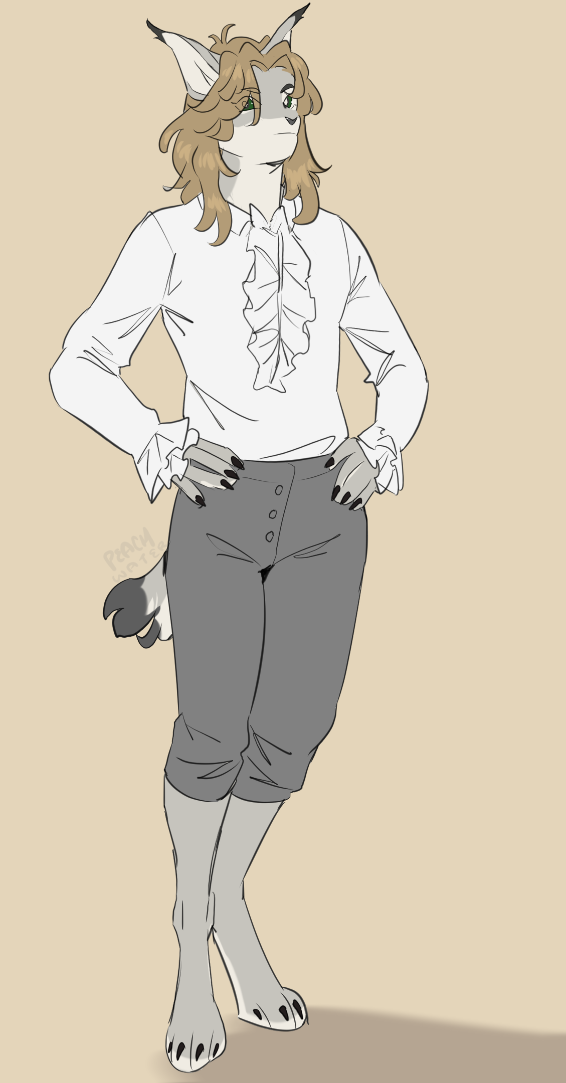 A colored fullbody drawing of Rudy. He stands with his hands on his hips, looking at the viewer.